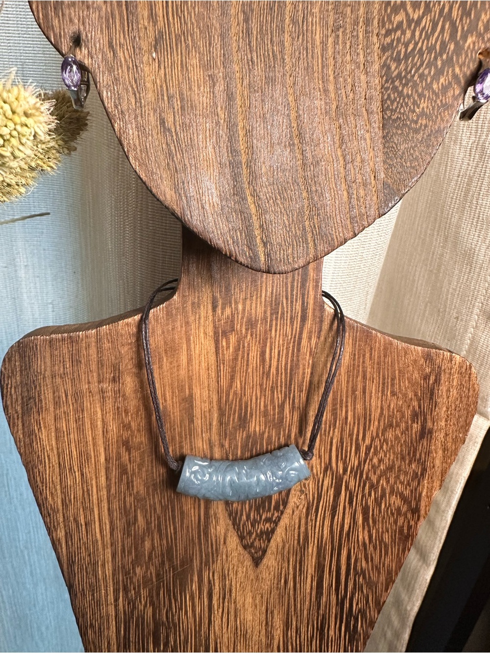 Green Jade Barrel Necklace on Brown Rope - Picture 10 of 16